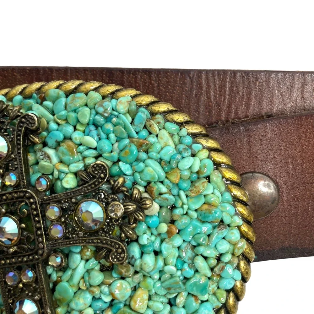 Vintage Leather Rhinestone statement belt Cross Turquoise‎ Size 36 boho western